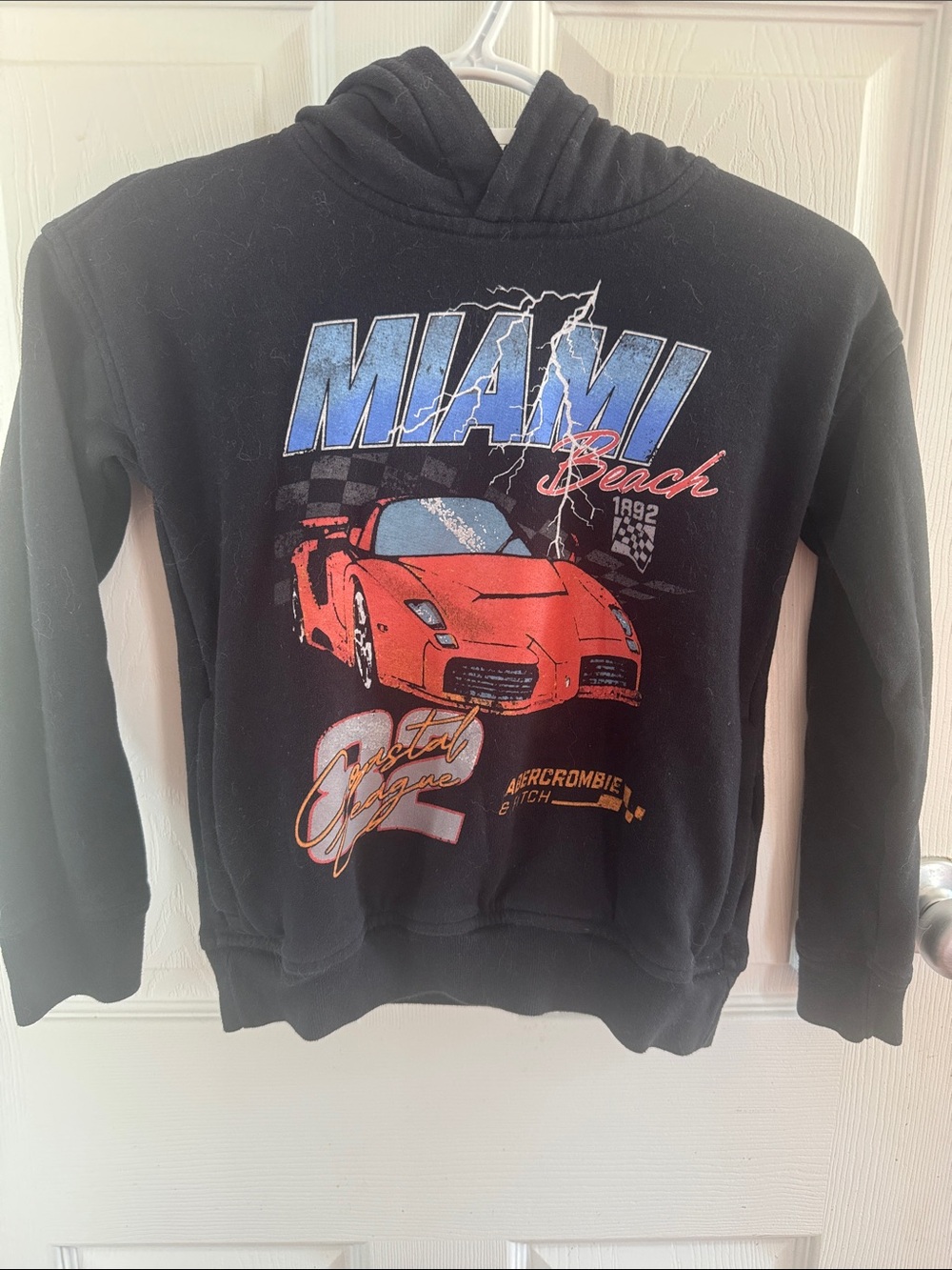 Abercrombie & Fitch Black Hoodie with Blue Miami Graphic and Red Car